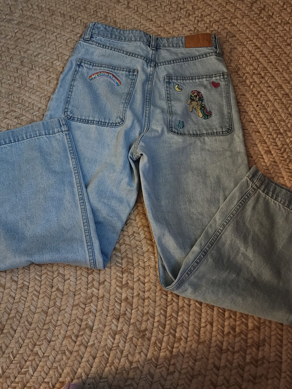 RARE Monki My Little Pony Light Blue Denim Flare Jeans  Embroidery Y2k Hasbro